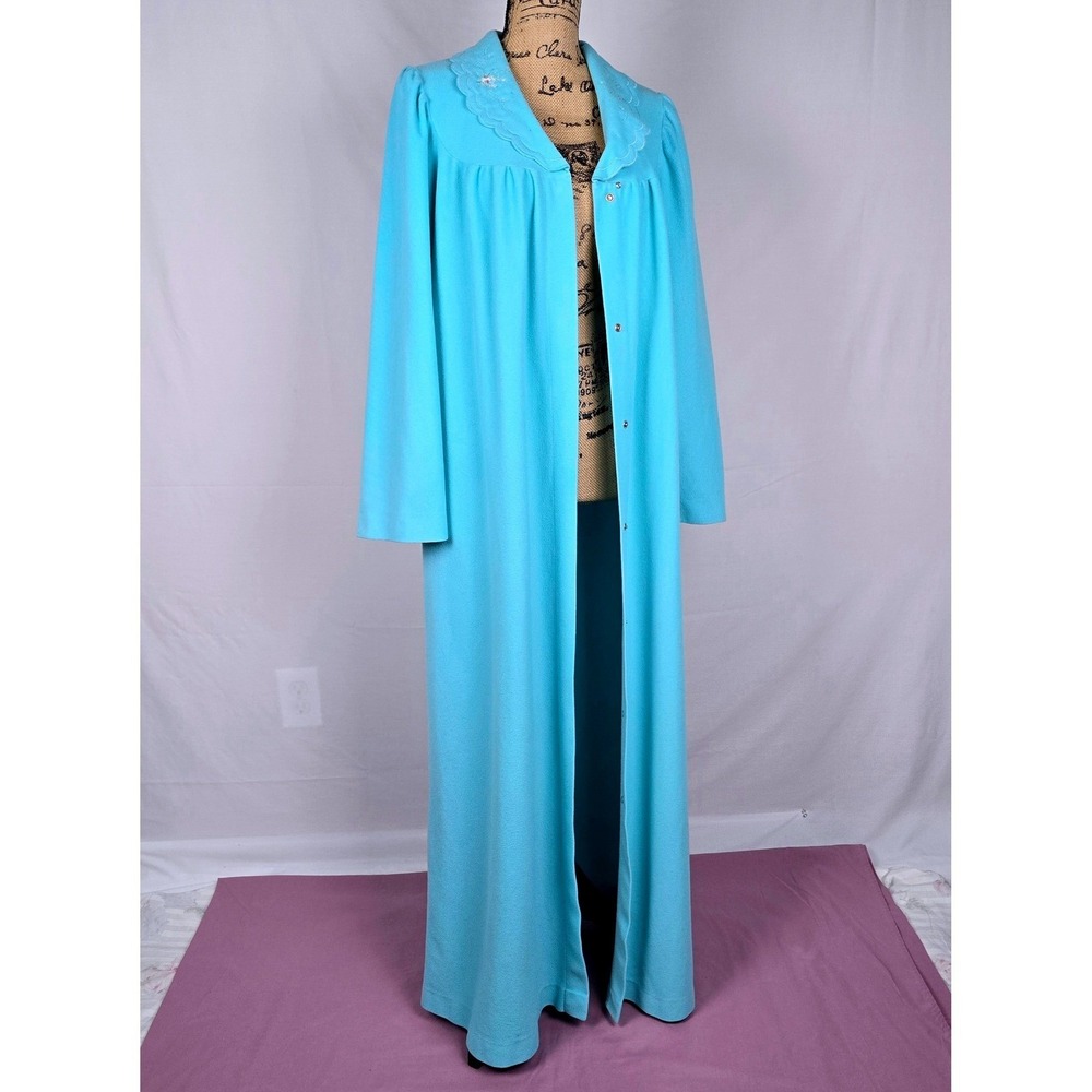 Vintage‎ Shadowline Robe Turquoise Blue Fleece Floral Embroidered Snap Front L